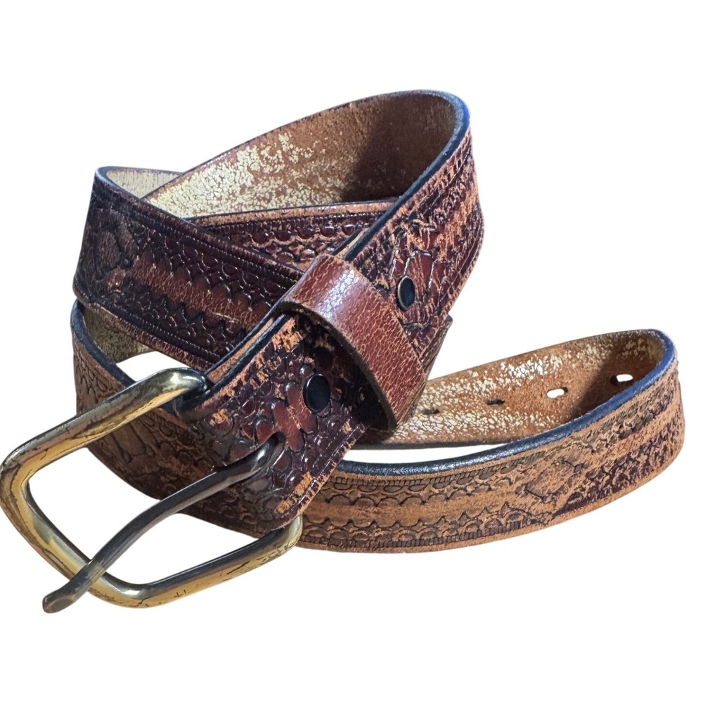 Vintage Brown Embossed Leather Western Belt Distressed Grunge XL 48